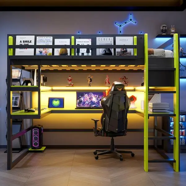 Bellemave Glam MDF+LVL Wood Modern Bed Frame Combo - Loft Bed with Desk, Side Rack, Multi-Shelves, RGB Light, Hidden Storage, Space-Saving Bedroom Furniture for Adults' Apartments