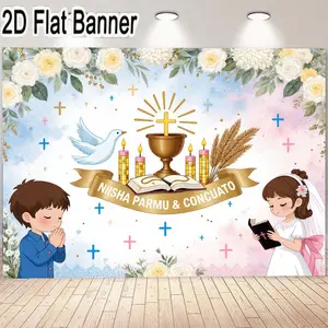2D flat banner, 1pcFirst Communion Baptism Banner - Religious Celebration Decor with Golden Chalice, Cross, and Dove - Elegant Soft Pastel Background with Floral Accents - Perfect for NIISHA PARMU & CONCUATO Ceremony Decorations