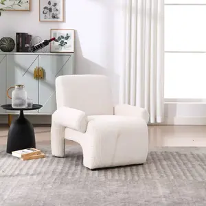 EBELLO Modern Accent Chair with Ergonomic Backrest, Beige Fabric Armchair with Integrated Arm & Leg Support, Cozy Upholstered Lounge Chair for Living Room, Bedroom, Small Spaces