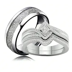 Wedding Jewelry Accessories | Charming Silver Couple Rings Set for Lovers | Cute Matching Rings with Sparkling Zirconia Stones