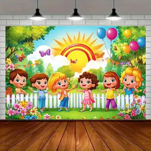 Trendy Kids Birthday Backdrop, Rainbow & Cartoon Print Polyester, Spring Theme Outdoor Party Photo Background, Floral Garden Decor