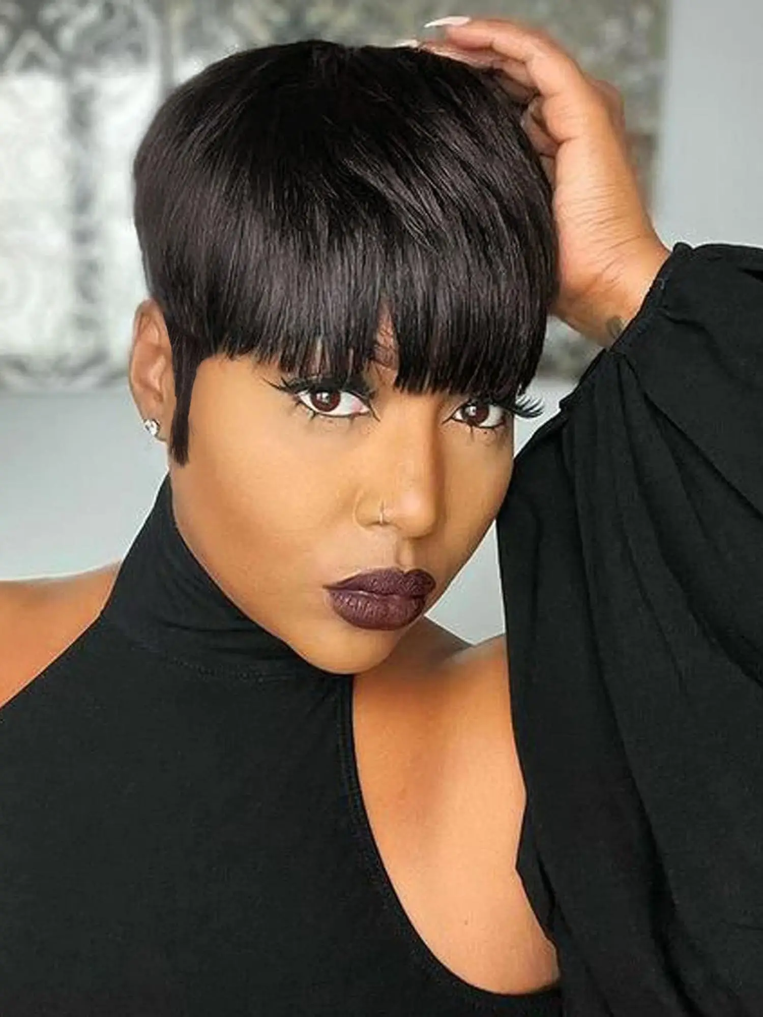 10 Inch Short Straight Pixie Cut Human Hair Wig with Bangs, Natural Looking Gorgeous Fluffy Human Hair Wigs for Women, Human Hair Full Machine Wigs fo