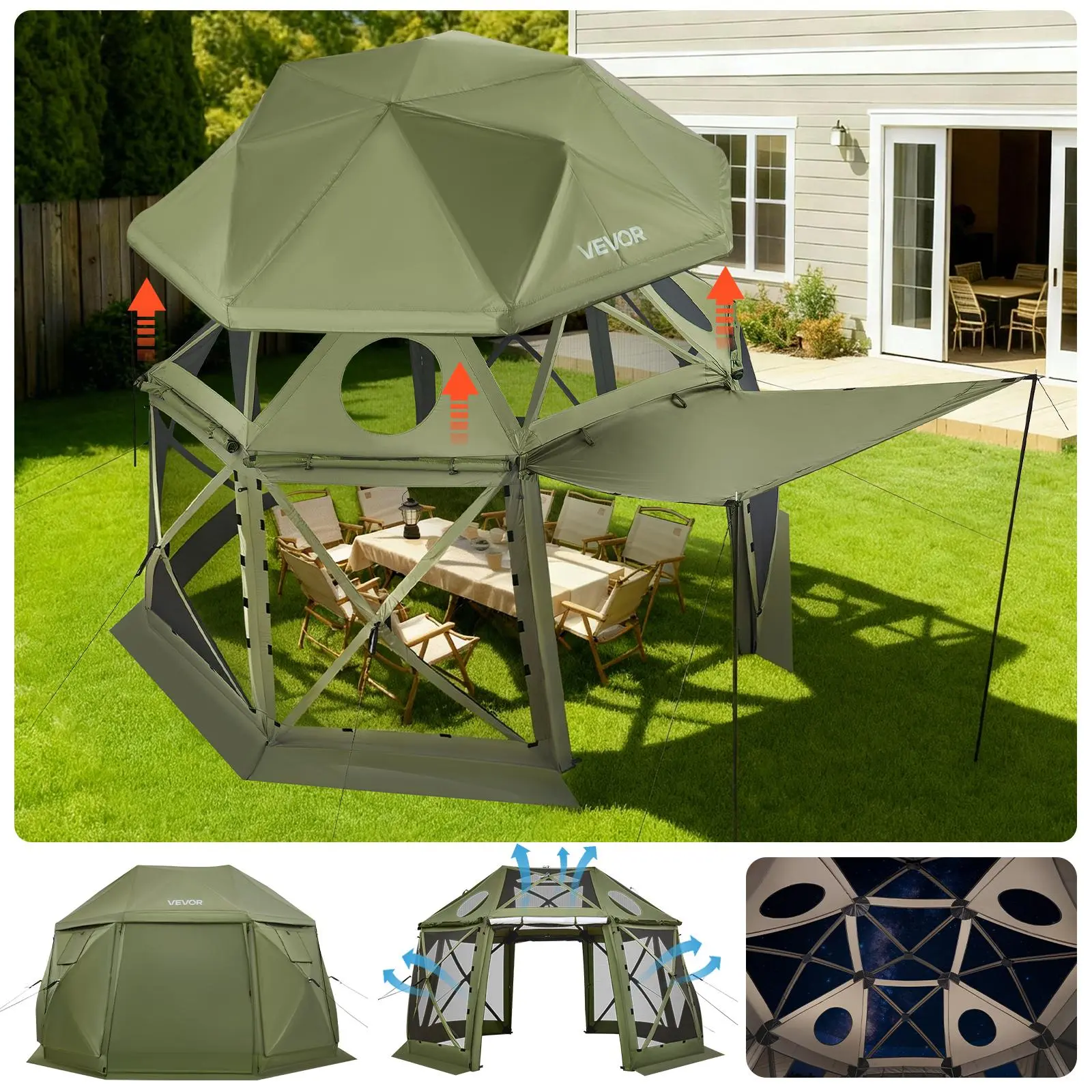 【SummerFinds】VEVOR Pop up Gazebo Screen Tent, 13 x 13 ft, 13-Sided Spherical Camping Canopy Tent with Removable Top & Carry Bag, Quick-Set & Bite-Proof, Screen House Sun Shelter for 10-12 Persons, Green