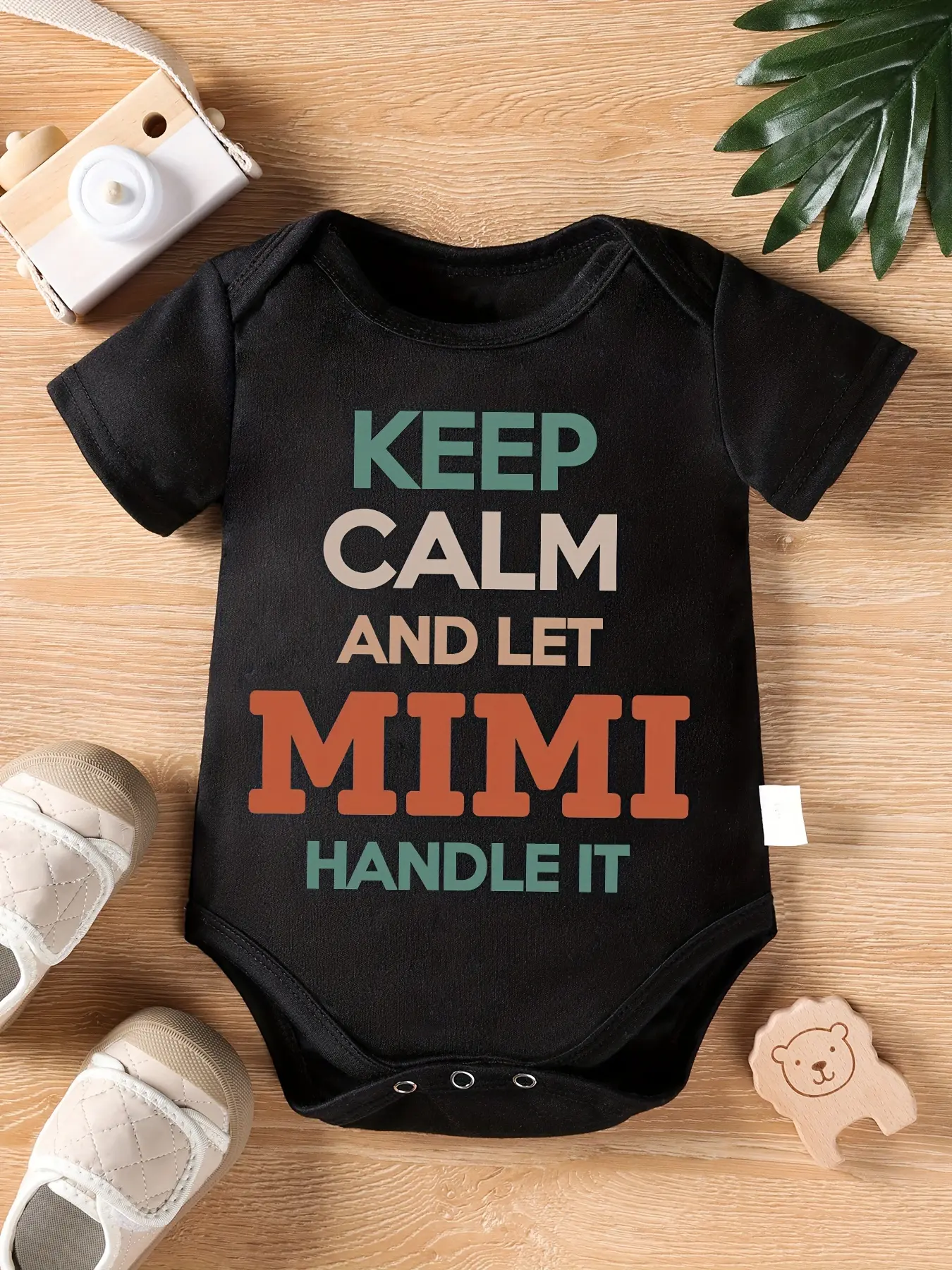 PUEMCO Baby Short‑Sleeve Bodysuit, “Keep Calm And Let Mimi Handle It” Funny Slogan Infant Romper Crew Neck One‑Piece Jumpsuit