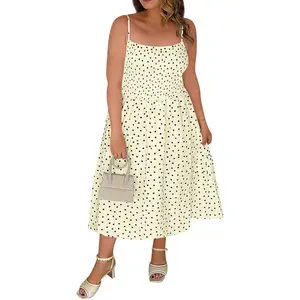 Tankaneo Women's Plus Size Retro Casual Wear Midi Dress, Summer Breathable Lightweight Fabric Polka Dot Square Neck Spaghetti Strap Smocked Beach Sundress