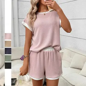 2026 New Waffle Knit Two Piece Set for Women, Contrast Trim Short Sleeve Top & Shorts Matching Set, Soft Casual Loungewear Perfect for Daily Relaxation, Home Wear & Casual Outings