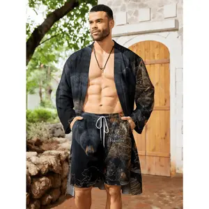 Bear Hunter Men's Long Cardigan and Shorts Set, a must-have spring/summer trendy outfit for young men, featuring bear and forest prints, high-quality, durable, casual, stylish, breathable, comfortable, and cool, available in plus sizes