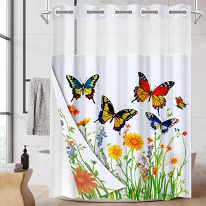 1PC Double Layer Shower Curtain, No Hooks, Colorful Butterfly and Wildflower Print Waterproof Fabric, Fresh Botanical Home Decor, Bright Whimsical Aesthetic, Hotel Bathroom Accessory, Detachable Buckle Shower Curtain and Liner, Bathroom Room Divider