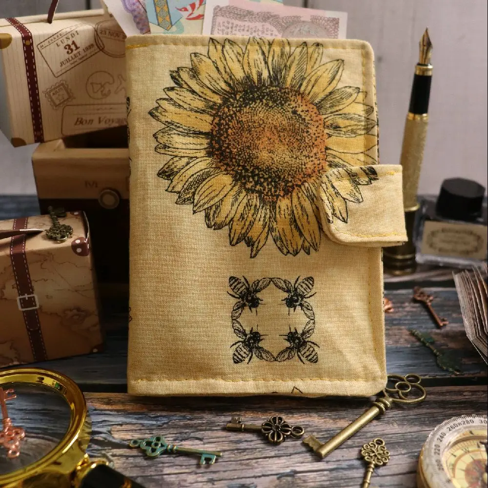 Sunflower Bee Passport Wallet - Handmade with 3 Credit Card Holders, 2 Spacious Pockets, Extra Pocket for Notepad, Includes Pencil for Travel Convenience