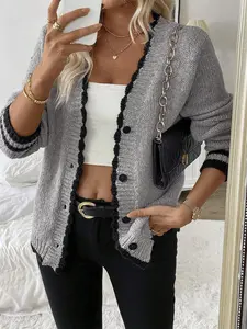 Women's Contrast Binding Button Front Cardigan, Casual Long Sleeve Knitwear for Fall & Winter, Women's Knit Clothing for Daily Wear