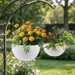 2Pack Large Hanging Planters, 13.4 Inch with Drainage Holes and Water Level Monitor, Hanging Flower Pot for Indoor and Outdoor Plants, White