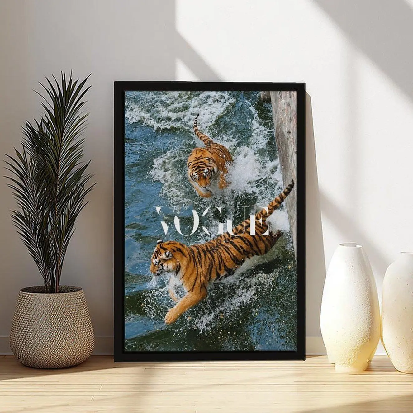 Modern Tiger Wall Art Print, Vintage Magazine Style Wildlife Canvas Poster, Aesthetic Living Room Decor