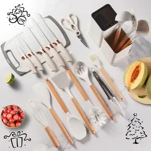 Silicone Kitchen Utensils Set with Holder, 19pcs/set Heat Resistant Non-stick Cooking Tools with Wooden Handle, Kitchen Gadgets for Easy Cooking & Cleaning, Modern Kitchen Gadgets