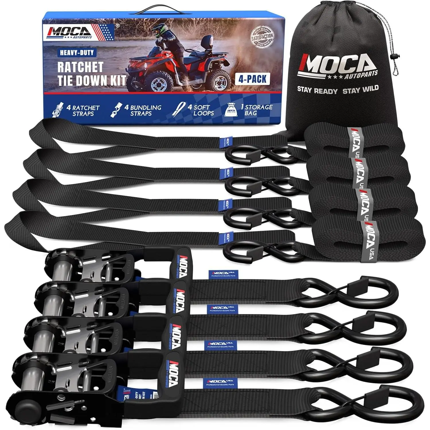 Heavy-Duty Weatherproof Ratchet Tie Down Straps - 5200lb Breaking Strength, 1.6"x8', Padded Handles, Coated Chromoly S Hooks, 4 Soft Loop Ties for Secure Automotive & Motorcycle Loads