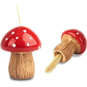 dgudgu 2 Mushroom Toothpick Holder Dispenser With Bamboo Toothpicks Tooth Pick Holders Decorative Ceramic Toothpick Dispenser