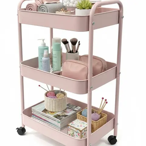 Pink 3-Tier Metal Rolling Cart with 6 Hooks, Carry Handle, Storage Organization for Kitchen, Classrooms/Dorms, Balcony, Apartment Accessories, Household Decor Home Organizer