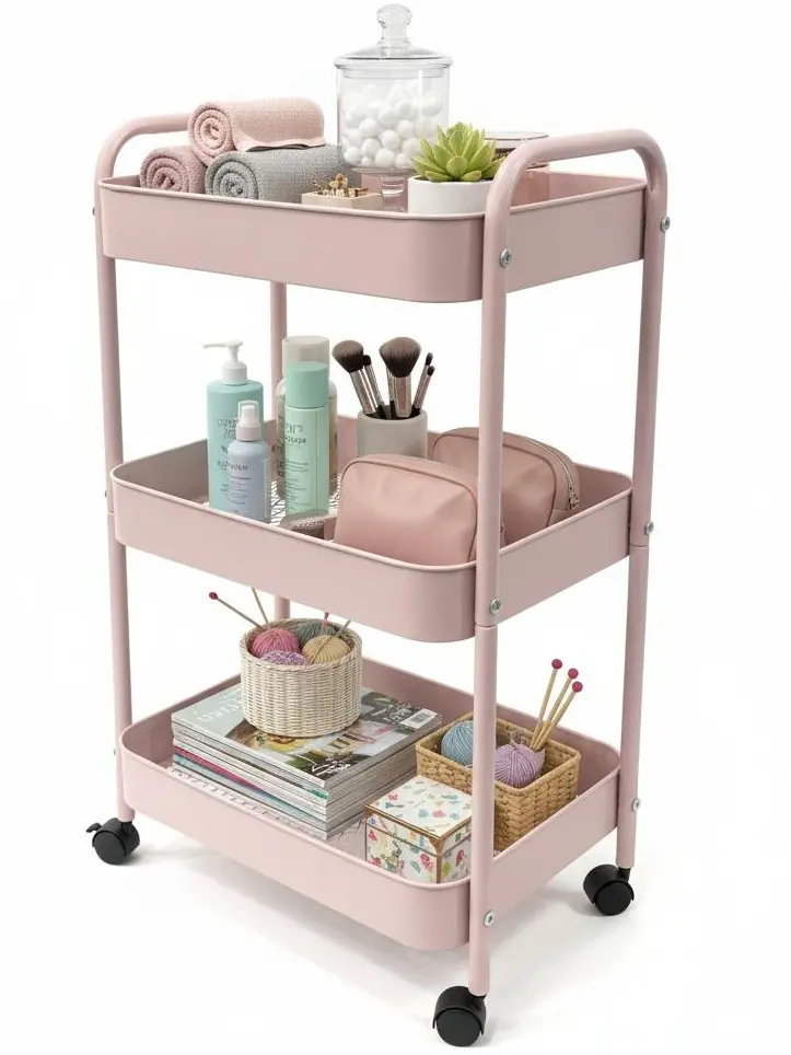 Pink Adjustable 3-Tier Metal Rolling Cart with 6 Hooks & Handle, Home Organizer Storage for Kitchen, Storage Organization Solution for Home Supplies