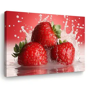 Bright red strawberry pattern with water droplets, high-definition canvas decorative painting 11.8* 15.7inch (30* 40cm ) with wooden frame -- modern home decoration, can be directly hung in the living room or bedroom