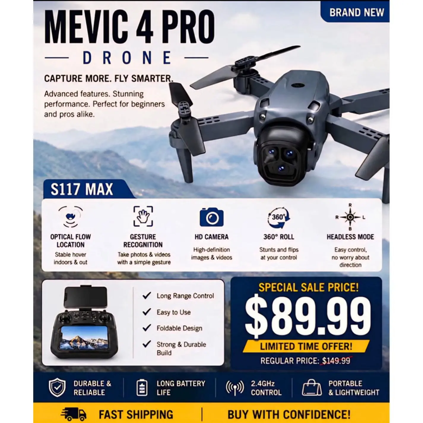MEVIC 4 PRO Drone S117 MAX with Optical Flow Location Gesture Recognition HD Camera 360° Roll Headless Mode Long Range Control Easy to Use Foldable Design Strong Durable Build