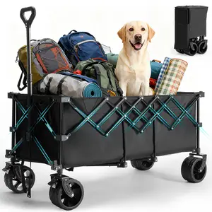 Wagon Cart Collapsible Foldable Extra Long Heavy Duty Utility Wagon with Wheels, Portable Storage Grocery Cart for Camping, Shopping, Sports, Beach, Garden