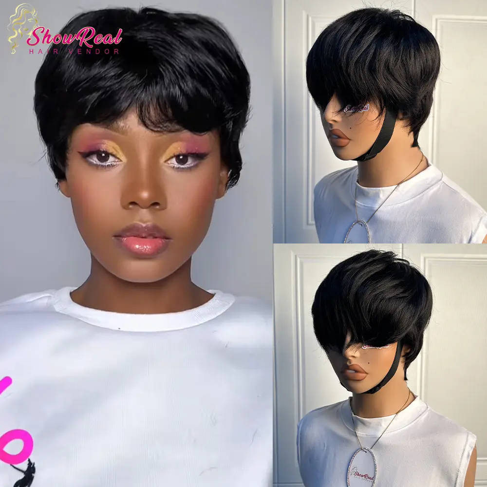 ShowReal 036 Pixie Short Pixie Cut Wigs Short Straight Brazilian Human Hair Wigs With Bangs Ready To Go Natural Black Color Full Machine Made Wig 4 Inch Size#SohoChic #TikTokShopBackToSchool#DealsForYouDays