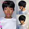 ShowReal 036 Pixie Short Pixie Cut Wigs Short Straight Brazilian Human Hair Wigs With Bangs Ready To Go Natural Black Color Full Machine Made Wig 4 Inch Size