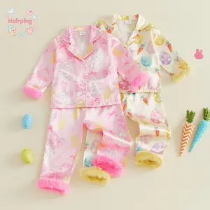 Toddler Girl Easter Satin Pajama Set, Bunny & Egg Print Long Sleeve Button-Down Top and Pants with Fuzzy Cuffs, Cute Holiday Sleepwear for Spring & Daily Wear