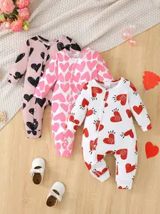 Cute Infant Girls 3-Piece Romper Set with Heart Pattern, Long Sleeve Pants for Newborns & Toddlers, Baby Girl Clothes, Perfect Valentine's Day Gift