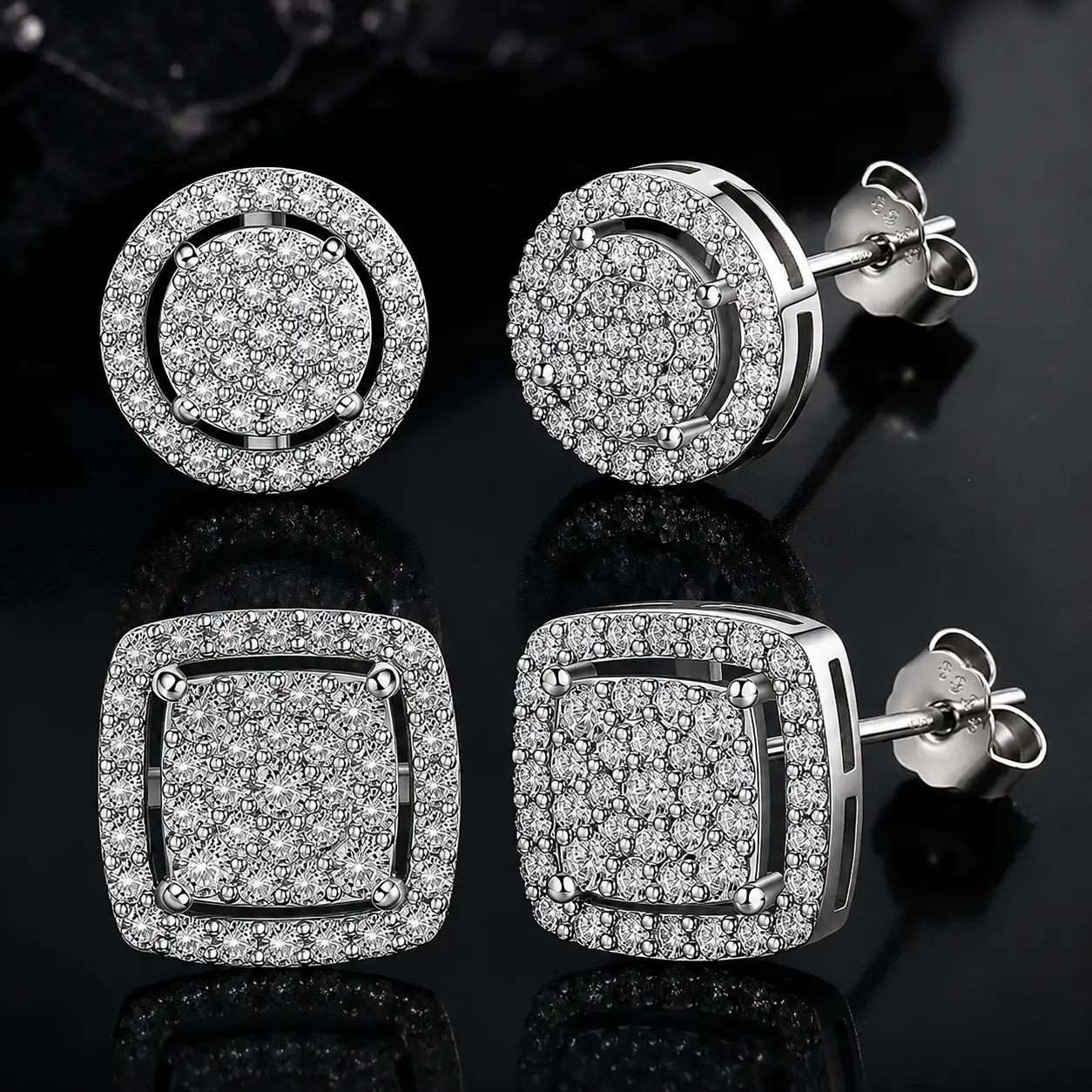 Cubic Zirconia Stud Earrings for Men Women, Hypoallergenic Earrings Set, Iced Out Round & Square CZ Studs, Double Halo Earrings Jewelry Set