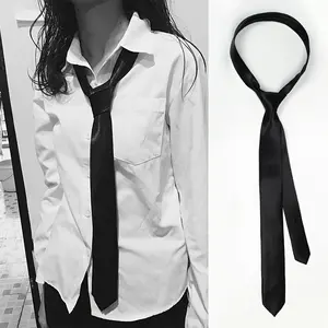 1pc Sleek Black Polyester Tie for Women - Adjustable Pre-Tied Necktie for Casual Casual Attire, Perfect for Dress Shirts and Stylish Outfits-ETHR54