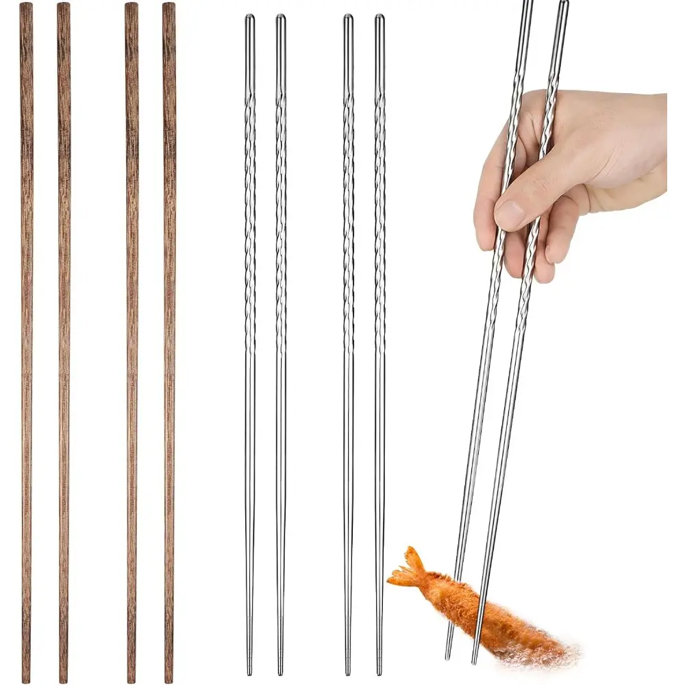 4-Pair Sturdy Reusable Washable Extra Long Cooking Chopsticks Set - 15.3in & 16.5in Stainless Steel & Wooden Cutlery Tableware with Non-Slip Threads for Kitchen Frying, Hot Pot, Tasting Cuisine (Silver, Wood Color)