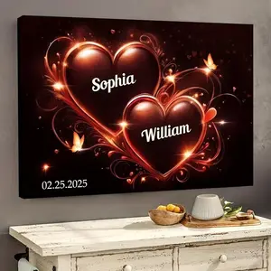 2D Flat, Personalized Couple's Name & Date Custom Heart Photo Frame Poster - Glowing Dark Chocolate Background Suitable for Wedding Anniversary, Valentine's Gift for Husband Wife, Custom Text/Date Canvas with Wood Frame for Bedroom Wall Decor