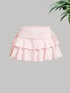 Women's Plain Lettuce Trim Tiered Layer Skirt, Cute Drawstring Side Skirt for Summer, Fashion Women's Skirt for Daily Wear, Stretch Skirt