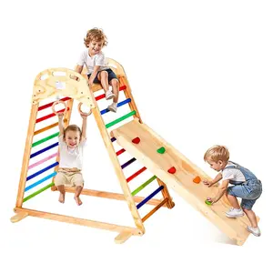 Indoor Playground Jungle Gym, 4-in-1 Wooden Indoor Playground Playset with Climbing Rock, Slide, Wooden Ladder & Gym Rings, Montessori Style Playground Climbing Toys for Boys Girls, 220LBS