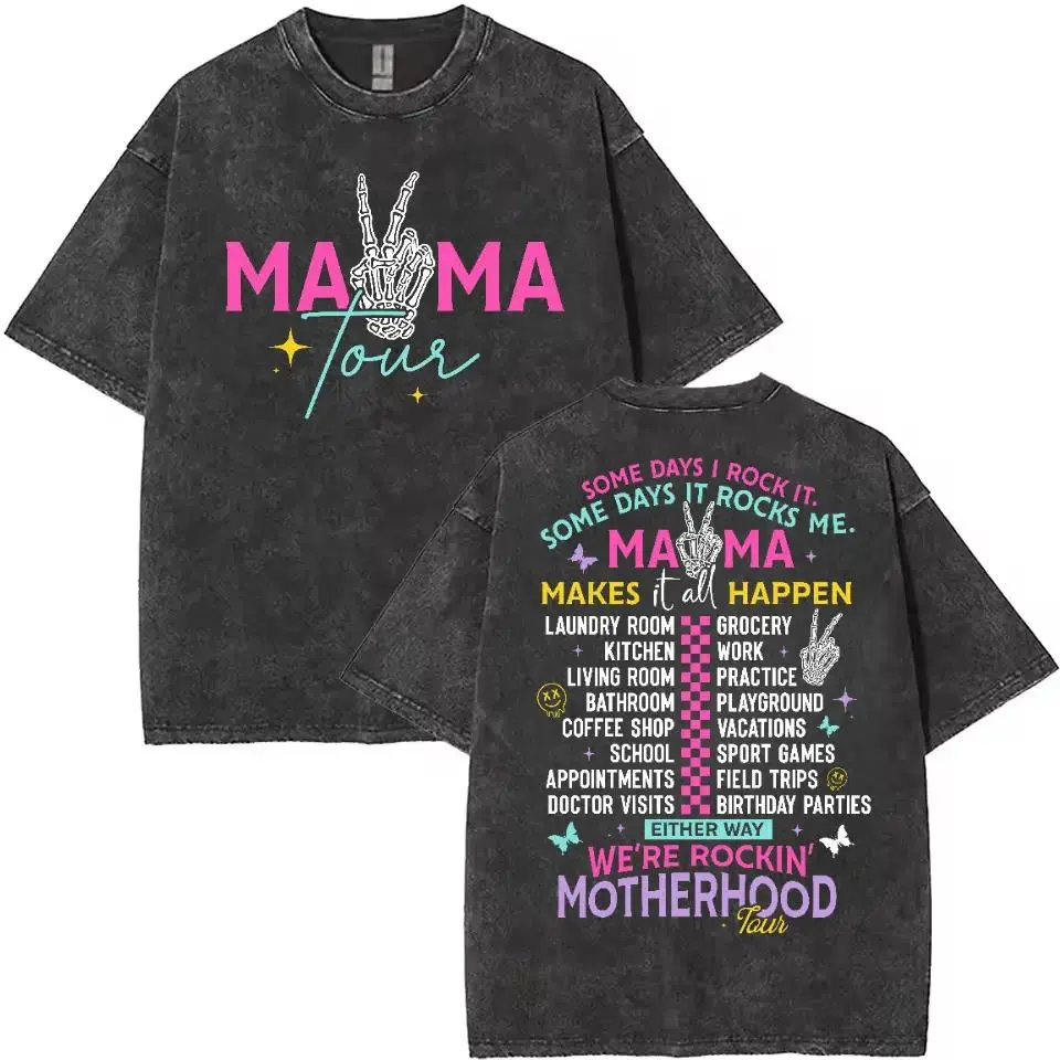 Men's Washed Round Neck Short-Sleeve Graphic Menswear T-Shirt - Loose-Fitting Casual Streetwear Top with Digital Print Fun Typography Highlighting Motherhood's Multifaceted Life