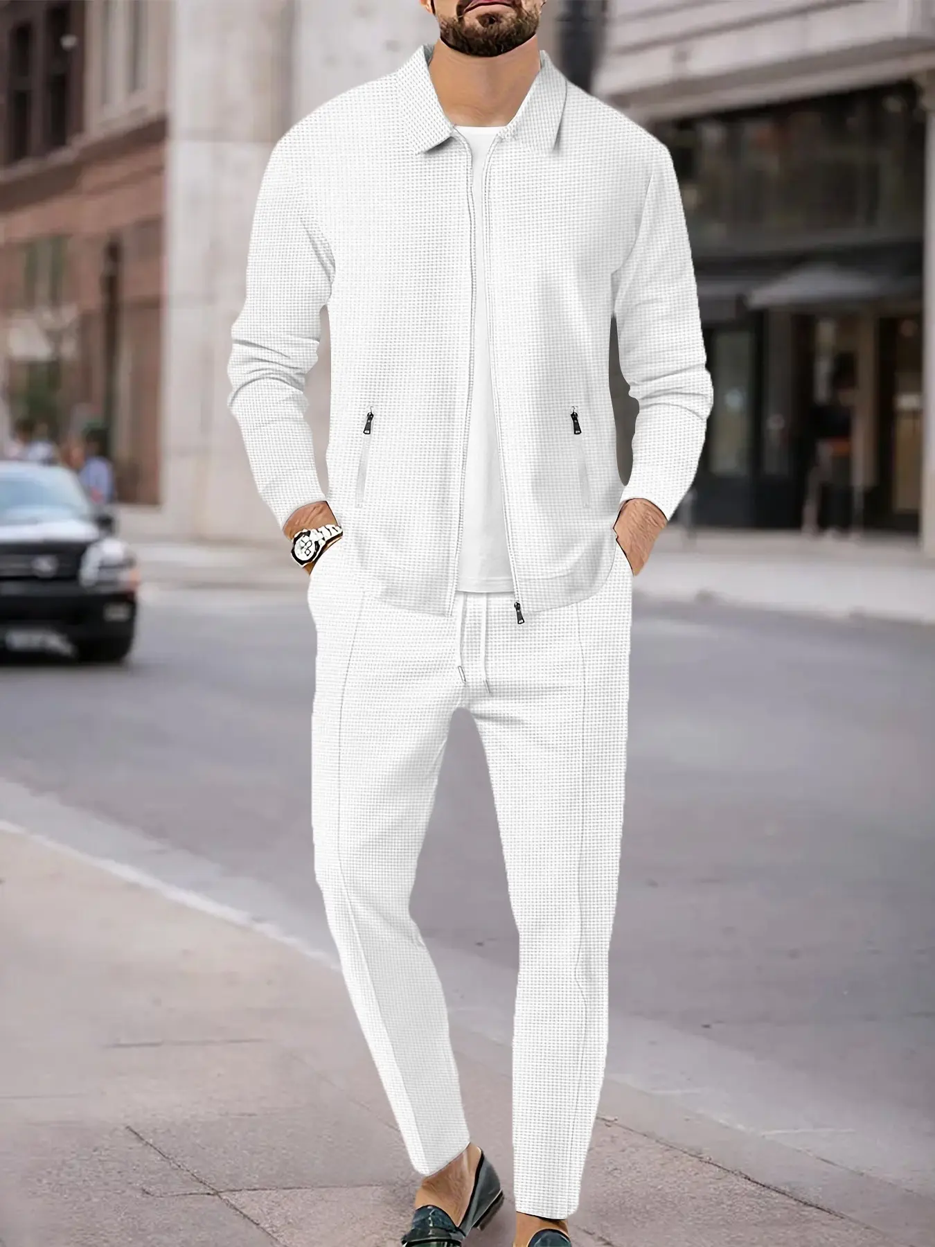 Men's White Waffle Knit 2-Piece Outdoor Set - Full-Zip Collar Shirt & Matching Drawstring Pants, Quick-Dry Breathable Fabric, Loose Fit for Hiking, Camping & Outdoor Activities