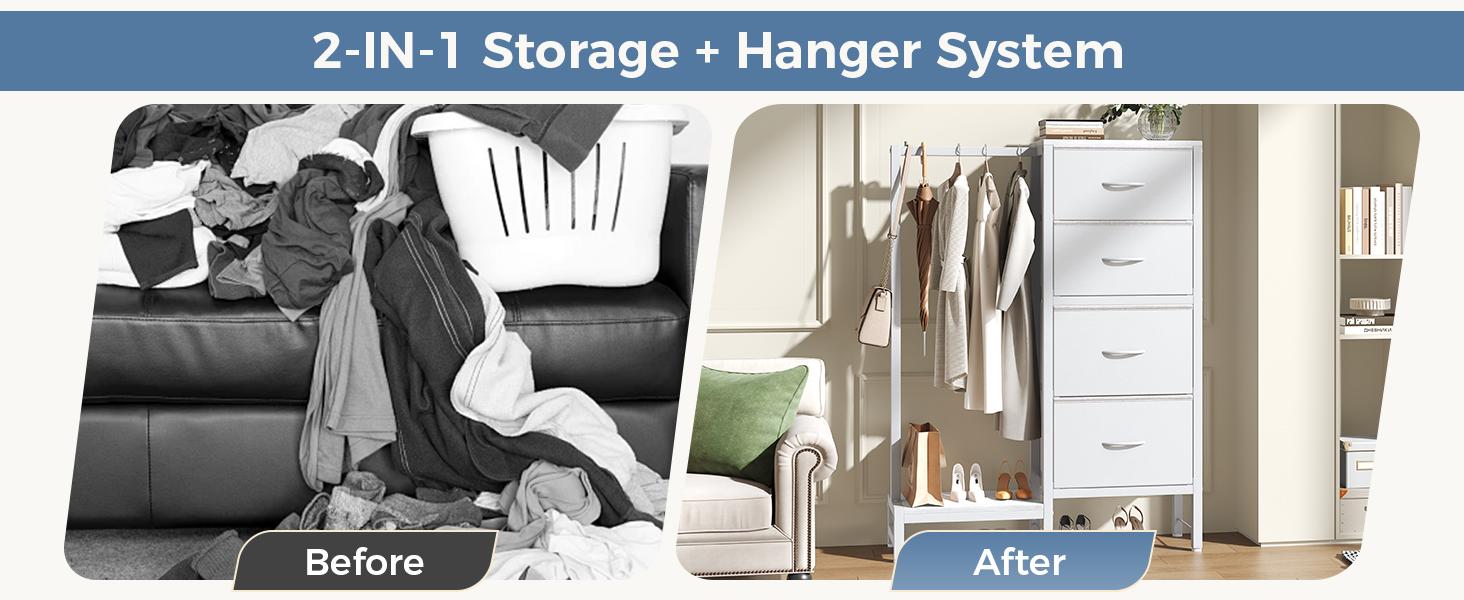Dresser With Hanging Rack，Closet Organizer,With Hanging Rack With LED Lights & Charging Station,Wooden Top, for Home Living Room