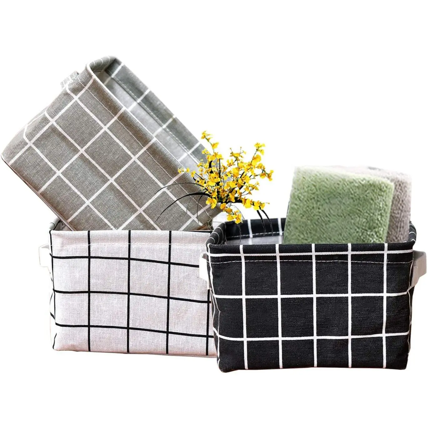 3 Packs Storage Basket Bins Canvas Mini Storage Cubes Storage Basket for Makeup, Baby Toys Liners, Books Nursery Storage Baskets with Handles for Shelves & Desks (Black+White+Gray)