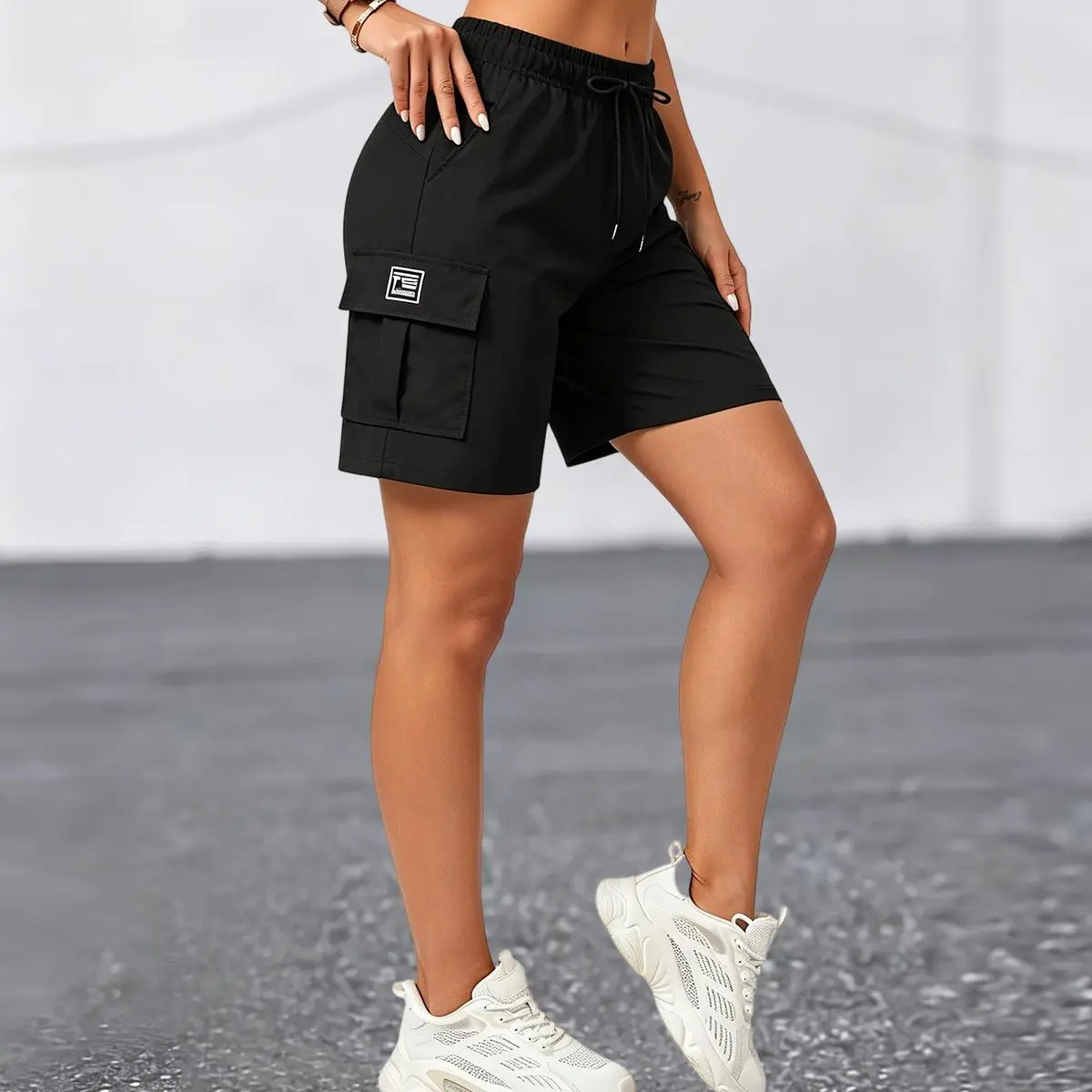 Women's Summer Polyester Cargo Shorts - Shorts for Women, Above-the-Knee Bottoms with Drawstring Waist, High-Capacity Pockets, Multiple Colors (Black, Gray, Blue) for Casual Wear