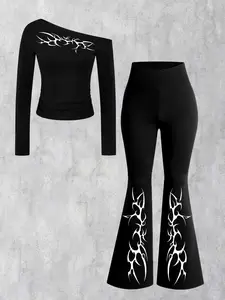 Women's Casual Two-Piece Set, Gothic Print Off-Shoulder Long Sleeve Top + Bell Pants Fashion Ensemble, Comfortable Home Wear, All Seasons