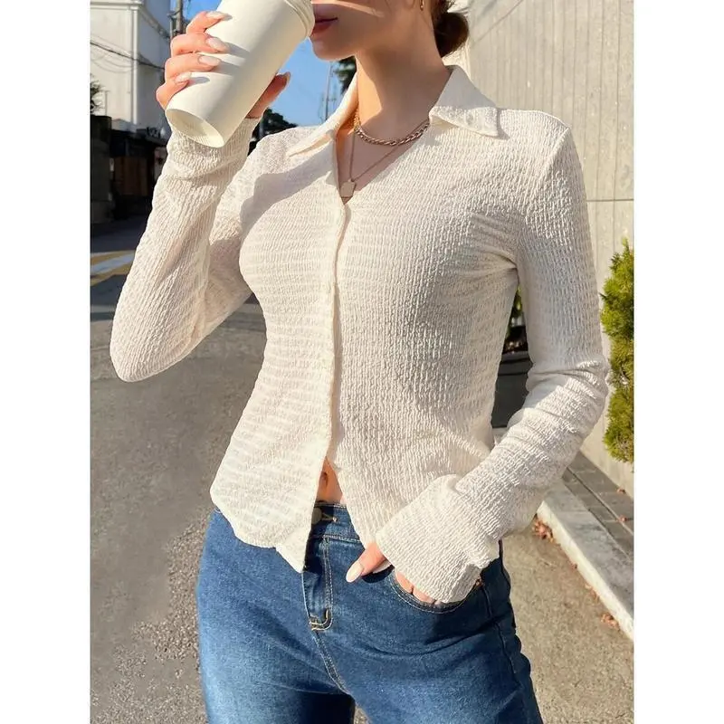 Women's Casual Long Sleeve Shirt, Solid Regular Fit Blouse Made from a Stretch Viscose Polyamide Fabric for Fall, Shirts, Button, Blouse Shirt