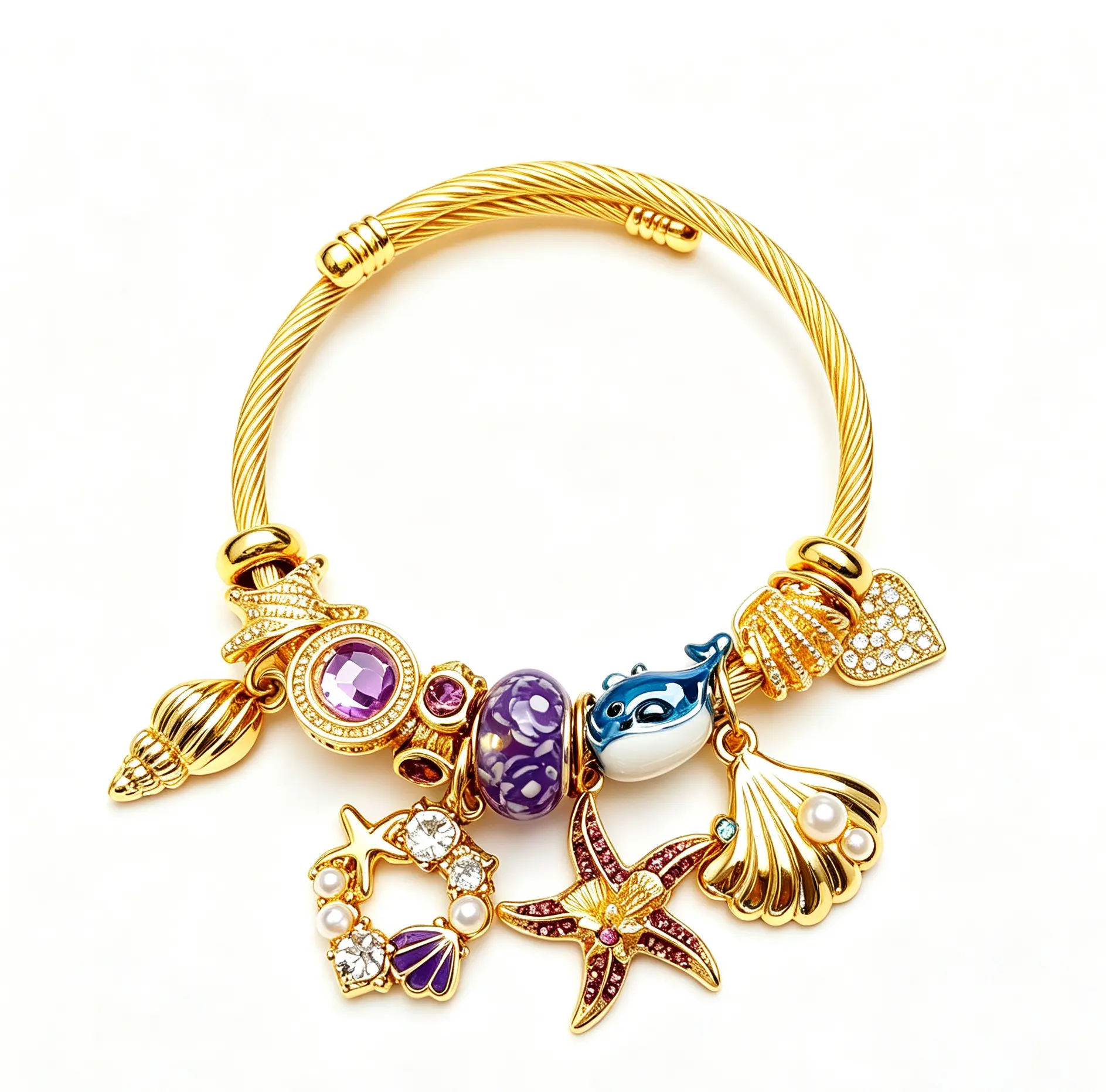 Gold‑Tone Open Cuff Bangle for Women, Beaded Charm Bangle With Ocean‑Inspired Charms, Stackable Fashion Jewelry, Gift For Birthday And Vacation Occasions