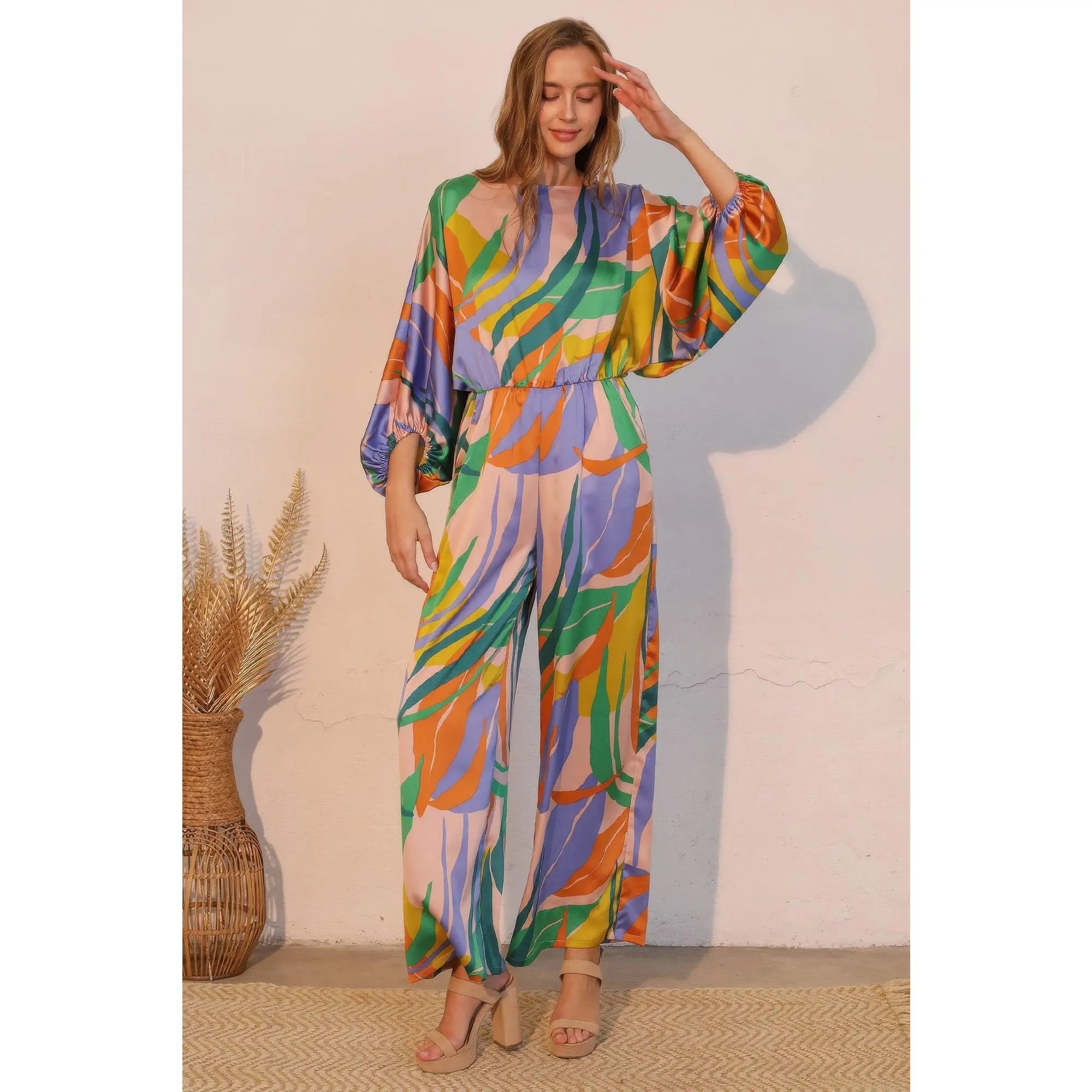 Isla Tropical Satin Boat Neck Blouson Jumpsuit