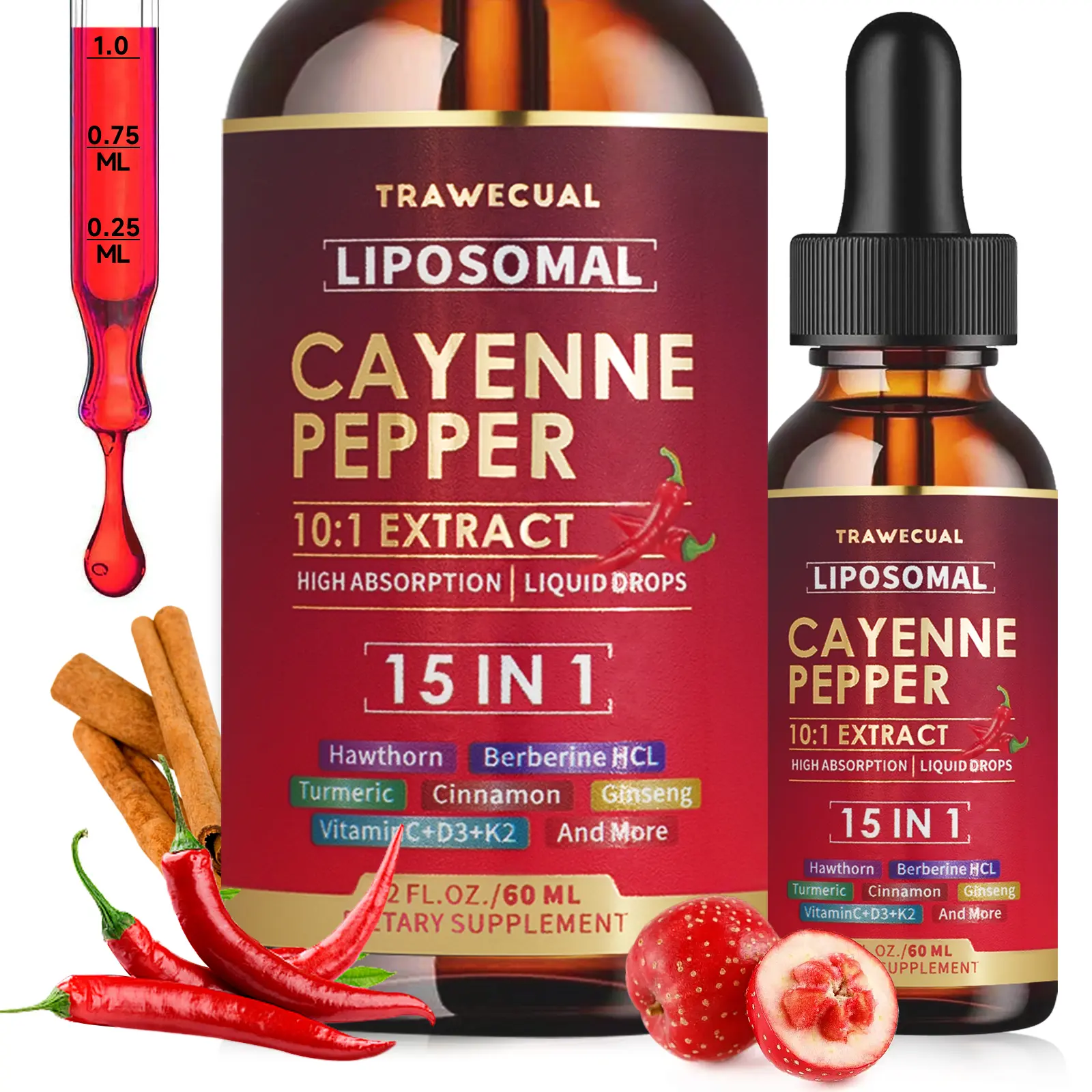 Liposomal 15-in-1 Cayenne Pepper Edible Liquid Drops - High-Absorption Vitamin Edible Dietary Supplement for Heart Health, Circulation - 60ml Wellness Product, Edible Dietary Supplements