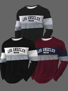 3-Pack Men's Vintage College Style Patchwork Striped T-Shirts, Casual All-Over Print Long Sleeve Tees, Versatile Los Angeles Print Tops