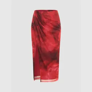 Cider Mesh Mid Rise Rose Print Split Maxi Skirt