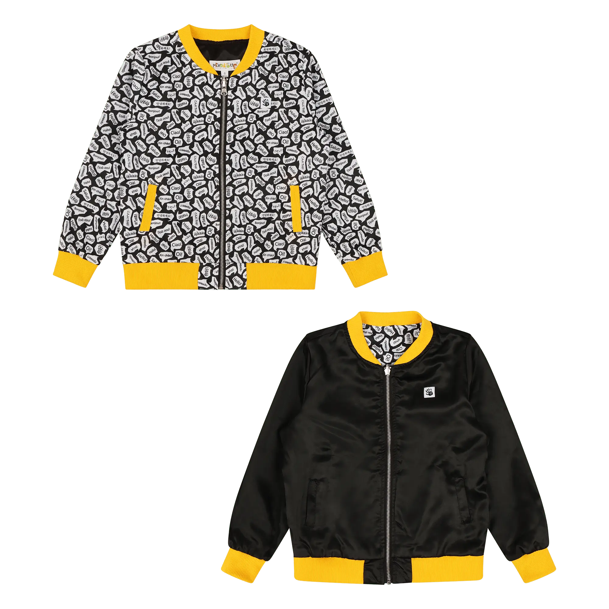 Girls Reversible Lightweight Zip-Up Bomber Jacket – Black & Yellow Global Hello Print