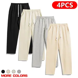 4-Pack winter men's thermal brushed casual pants, men's knitted trousers, loose home daily essentials, simple straight sweatpants, elastic waistband and drawstring access control, straight warm loose version, simple daily versatile men's casual pants