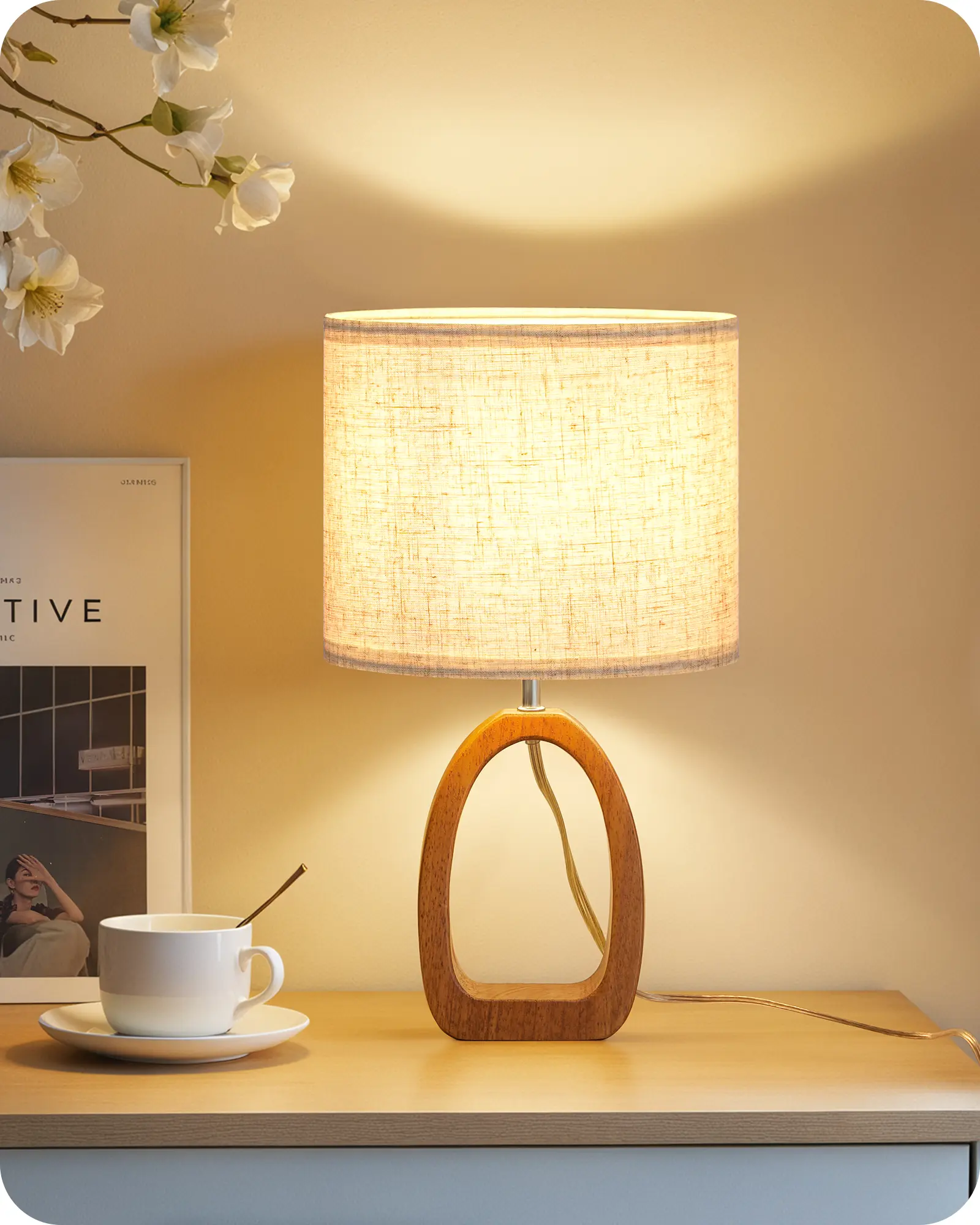 Small Table Lamp, 14.2" Cute Little Desk Lamp, Wood Bedside Lamp with Linen Lampshade, Modern Nightstand Lamp for Bedroom, E26 Base, Bulb Not Included, Beige and Dark Natural