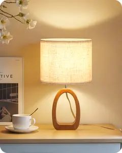 Small Table Lamp, 14.2" Cute Little Desk Lamp, Wood Bedside Lamp with Linen Lampshade, Modern Nightstand Lamp for Bedroom, E26 Base, Bulb Not Included, Beige and Dark Natural